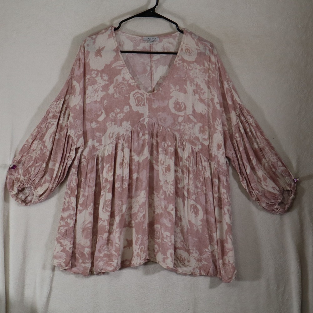 White Birch Womens M Pink Floral Babydoll Top Boho Balloon Sleeve V Neck Tunic